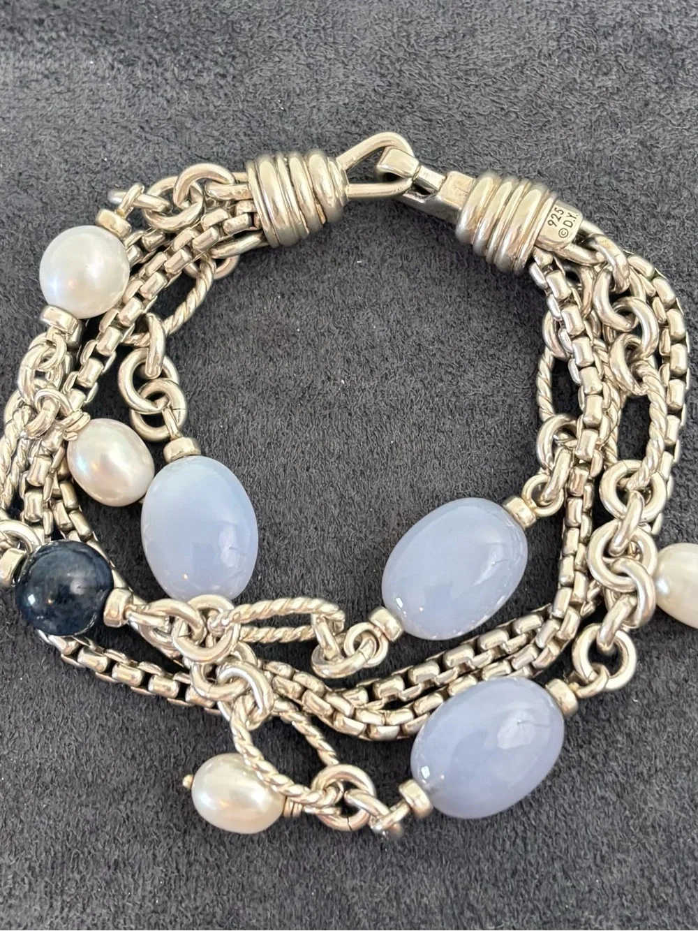 David Yurman Multi-Strand Bracelet with Chalcedony & Pearls 6.5-7" - Picture 5 of 9
